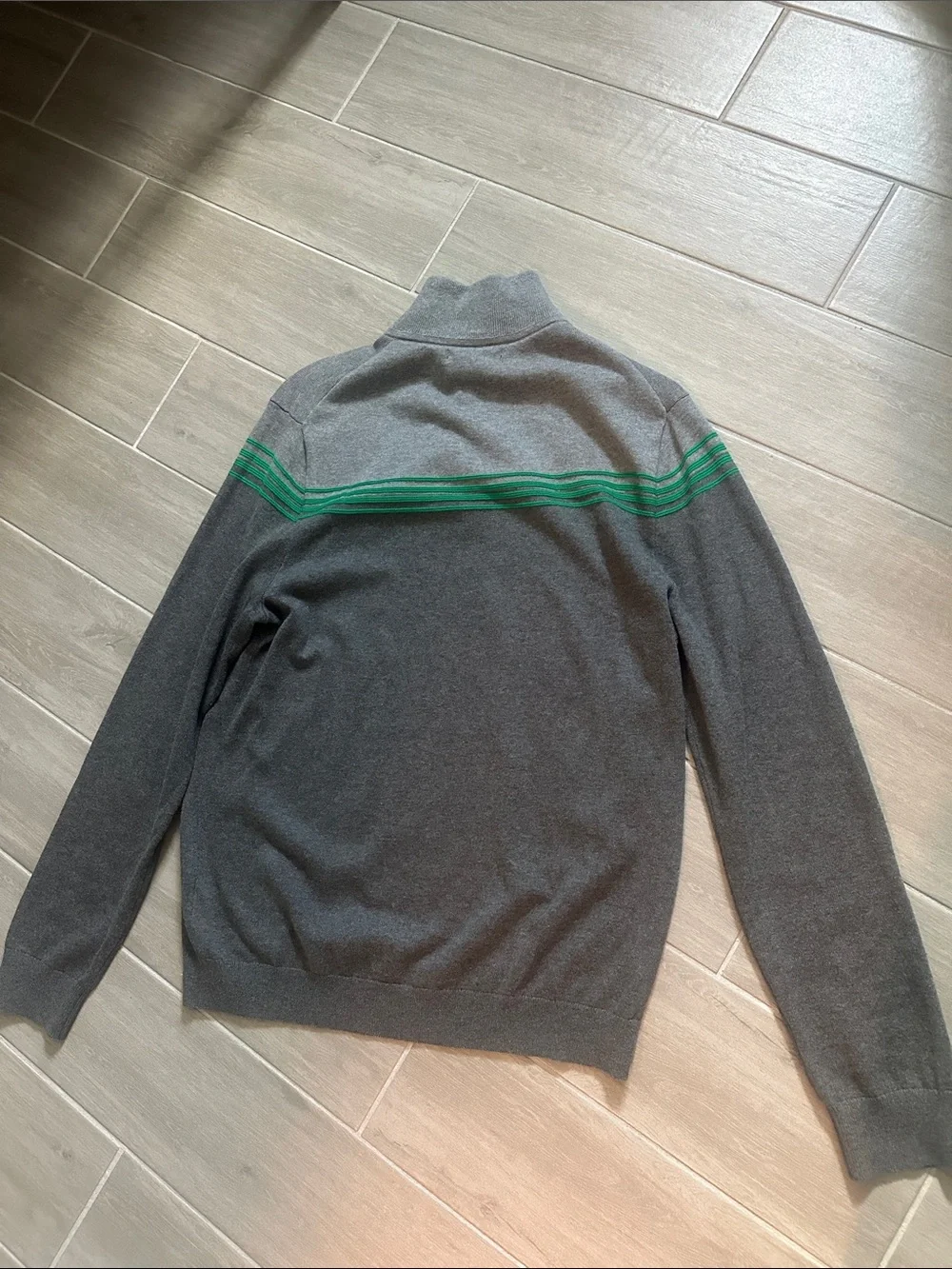 Banana Republic Gray Sweater with Green Chest Stripes - Quarter Zip